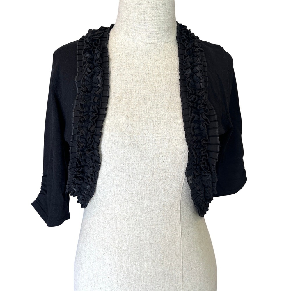 White House Cropped Shrug M Black Ruffle Silk Blend Bolero Y2K Coquette Romance